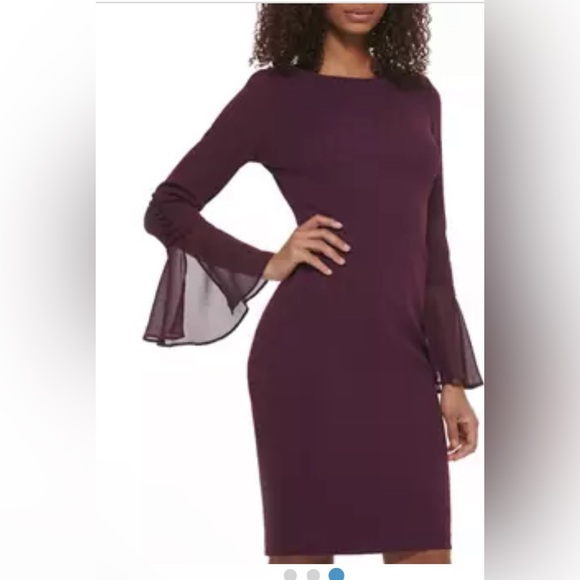 Calvin Klein Women's Long Flutter Sleeve Solid Shift Dress in Black Color - Picture 2 of 5